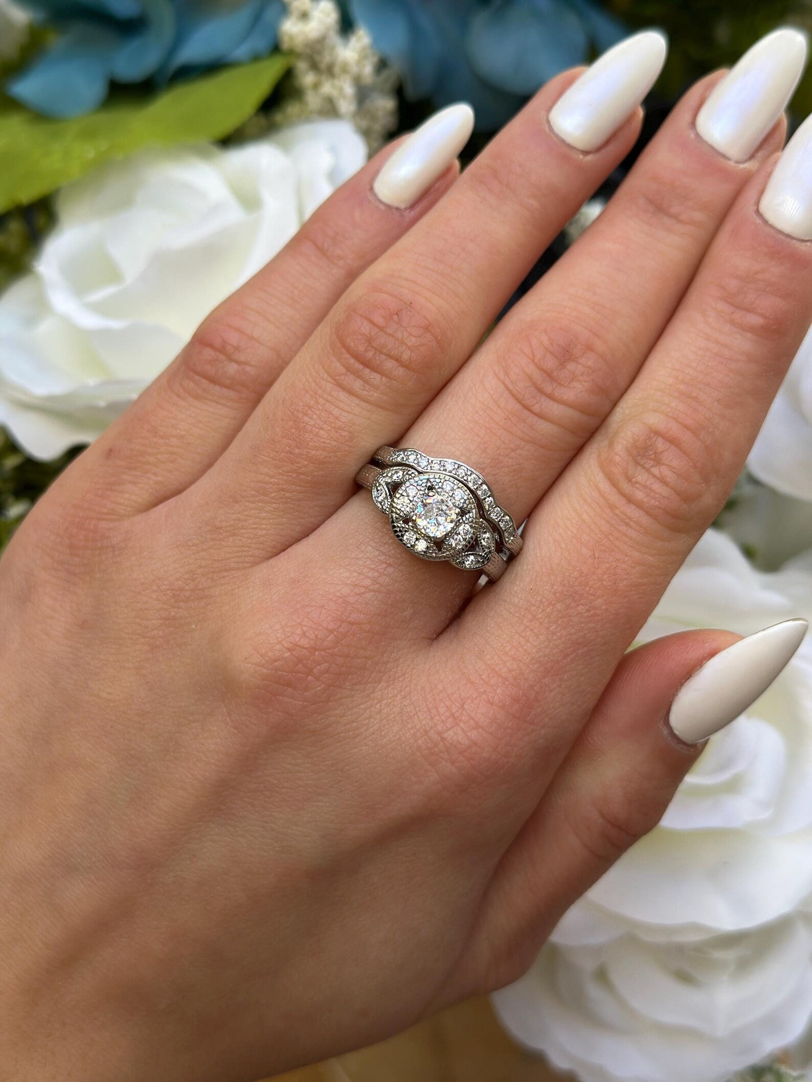 Bluebell Jewels Round Cut CZ Two Piece Bridal Ring Set For Wedding 14K ...