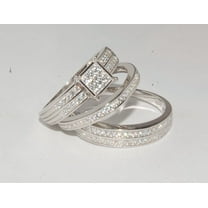 Bluebell Jewels Silver Finish Trio Wedding Ring Set with Round Cut CZ His & Her Matching Engagement Bands