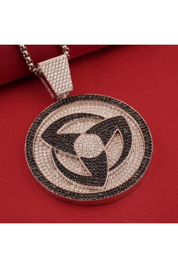 Silver Mangekyou Sharingan Pendant, Round CZ Cluster Pendant, 14k White Gold Plated