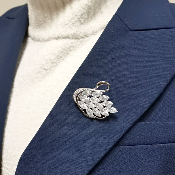 Bluebell Jewels Silver-Tone Swan Brooch with Marquise CZ Stones Elegant Crystal Lapel Pin for Women & Men Versatile Fashion Accessory