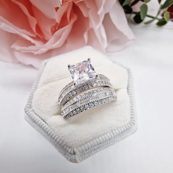 Bluebell Jewels Simple & Sweet Bridal Set 14K White Gold Finish CZ Rings, Perfect for Vows or Promise