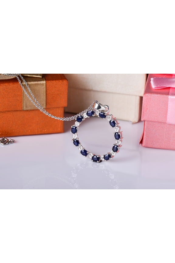 Sterling Silver Circle Pendant Necklace with Blue CZ and White CZ Stones Elegant Women's Jewelry Gift