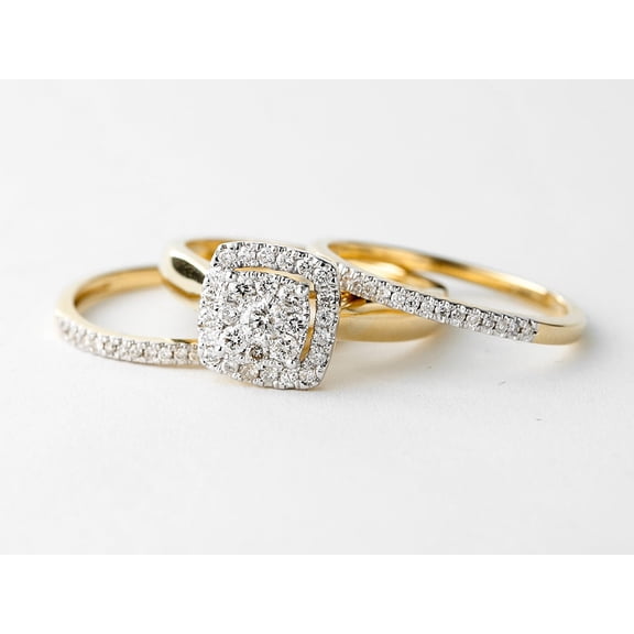 Bluebell Jewels Trio CZ Engagement Ring Set 14K Yellow Gold Plated, Stacker Set, Square Solitaire, Wedding Band, Half Eternity