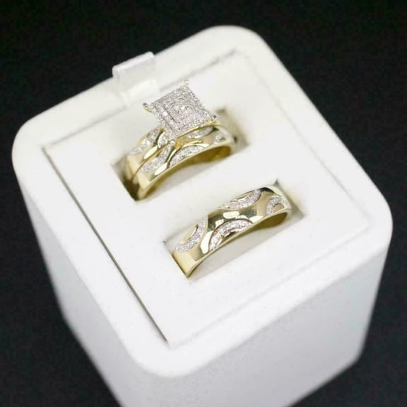 Bluebell Jewels Trio Round 2CT Round Cubic Zirconia Wedding Ring Set 14K Yellow Gold Plated