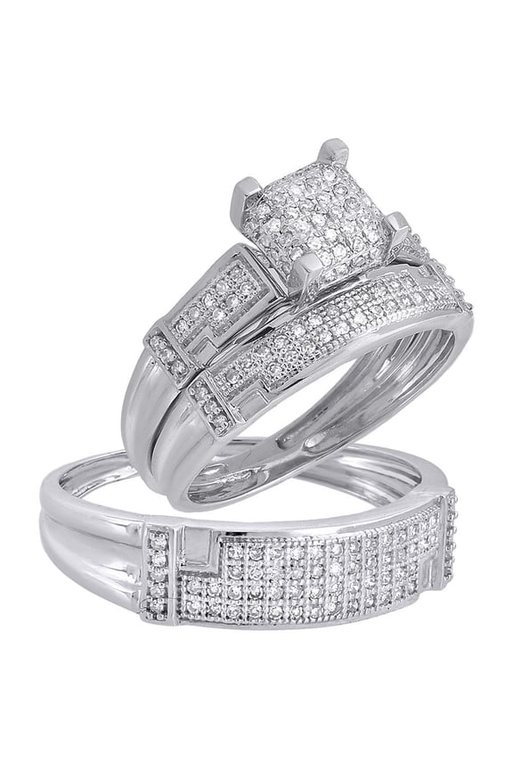 Trio Set His Her Matching Engagement Wedding Ring 14k White Gold Finish