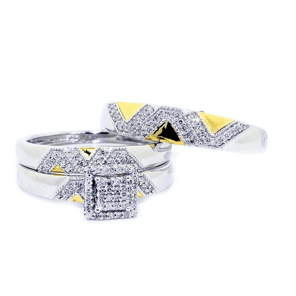 Bluebell Jewels Two-Tone Gold & Silver Finish Trio Wedding Ring Set CZ Engagement & Matching Bands for Couples