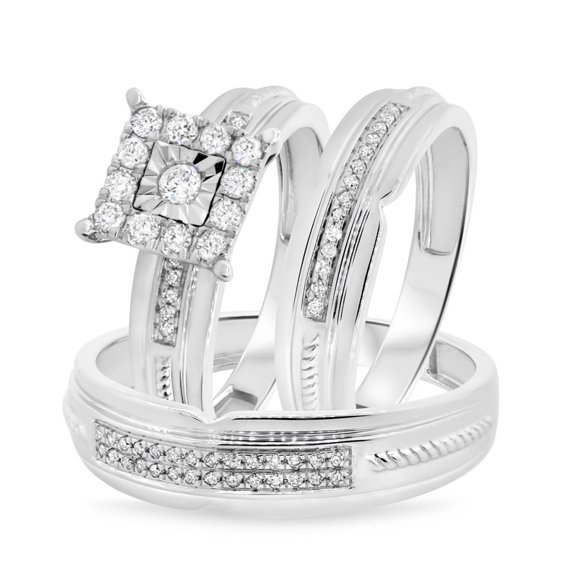 Bluebell Jewels Unique Style Engagement Ring Set 14K White Gold Finish Round Cut CZ Trio Set For Gift