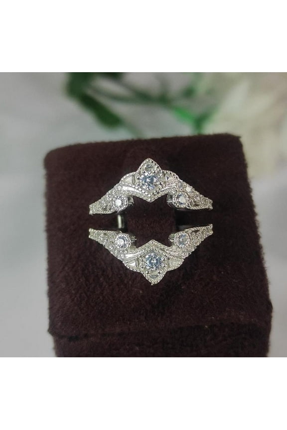 Vintage Round Cut Wedding Ring Enhancer 925 Sterling Silver Ring Jacket For Solitaire Ring Matching Promise Wedding Rings For Women Gift