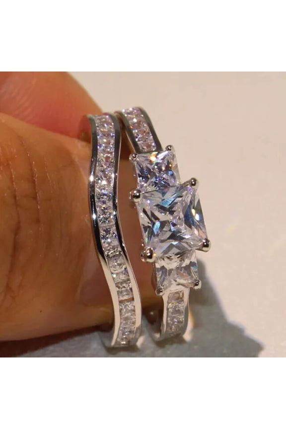 Wedding Bridal Set Ring 3Ct Princess CZ 14k White Gold Plated