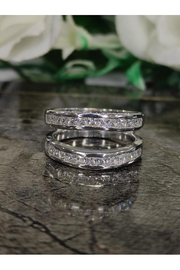 White Gold Finish Wrap Enhancer Ring with Princess Cut CZ – Bridal Guard Wedding Band for Women