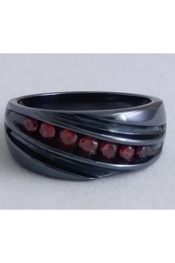 Bluebelljewels 14K Black Gold Finish Silver Round Cut Lab Created Garnet Men's Wedding Band Ring