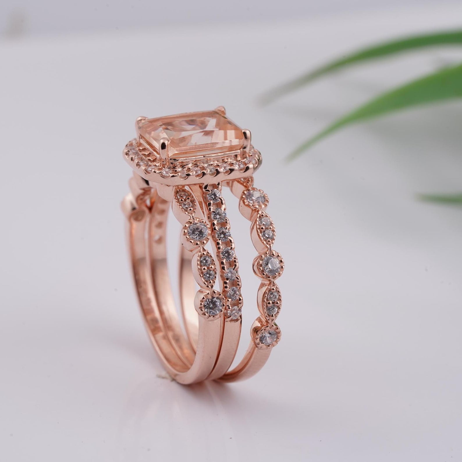 Bluebelljewels 14K Rose Gold Finish Peach Cubic Zirconia Women's Trio ...