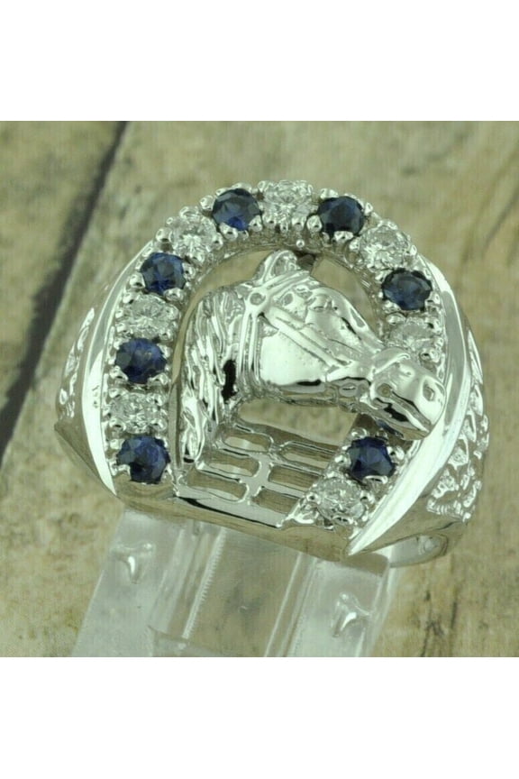 Bluebelljewels 14K White Gold Finish Men's Round Cut Blue Sapphire Horseshoe Lucky Ring