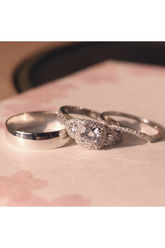 Bluebelljewels 14K White Gold Finish Silver Round Cut Diamond His & Her Trio Ring Set