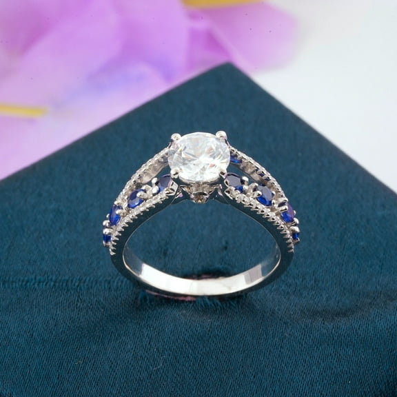 Bluebelljewels 14K White Gold Finish Silver Round Cut Sapphire & Diamond Engagement Ring