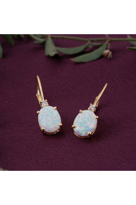 Bluebelljewels 14K Yellow Gold Finish Silver Oval Cut Lab Created Fire Opal Dangle Drop Earrings