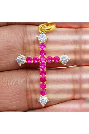 Bluebelljewels 14K Yellow Gold Finish Silver Round Cut Lab Created Ruby Cross Pendant Necklace