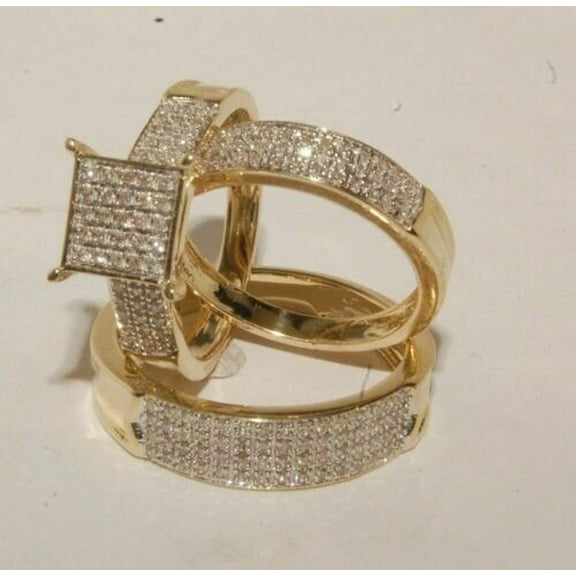 Bluebelljewels 14K Yellow Gold Finish Trio His/Her Cubic Zirconia Wedding Engagement Ring Set