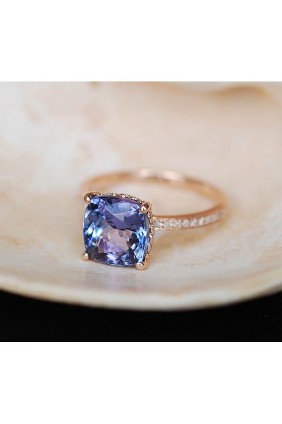 Bluebelljewels 14k Rose Gold Plated Engagement Ring, Cushion Cut Tanzanite With Diamond Wedding Ring, Propose Ring