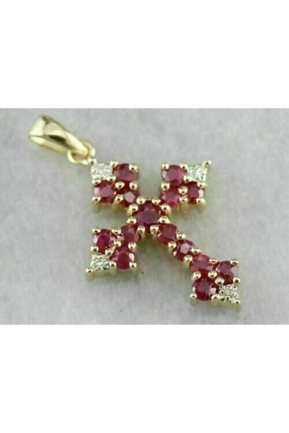 Bluebelljewels 14k Yellow Gold Finish 2.00 Ct Round Cut Lab Created Ruby Cross Pendant Necklace