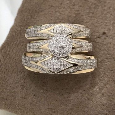 Bague De Fiançailles + Alliance - Simili Diamant CZ, Or Jaune 14k, Taille US 4 - Occasion