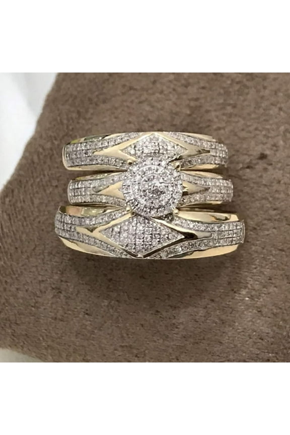 14K Yellow Gold-Plated Trio Diamond Engagement & Wedding Ring Set