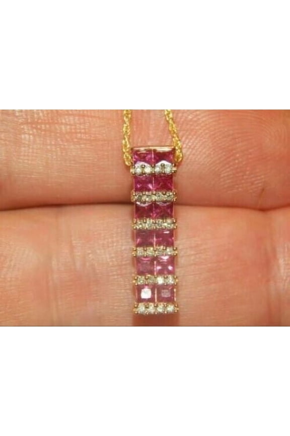 2Ct Princess Cut Pink CZ Bar Pendant 14K Yellow Gold Finish 18" Chain