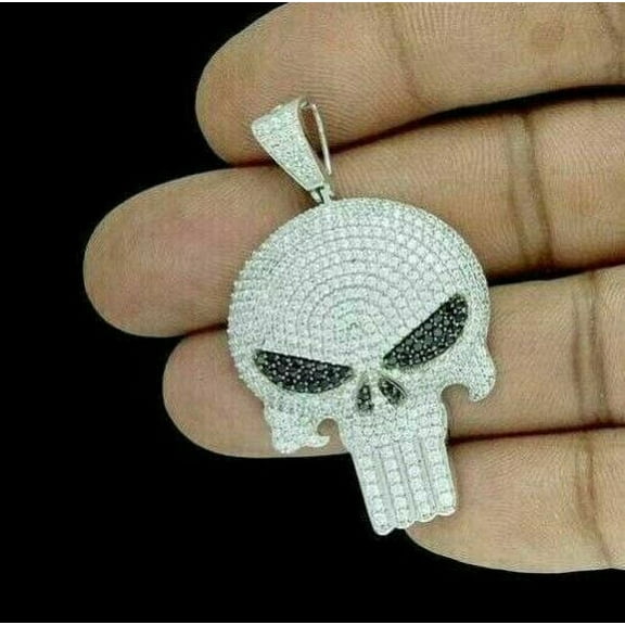 Bluebelljewels 3CT Round Cut Cubic Zirconia 14K White Gold Finish Halo Men Skull Pendant