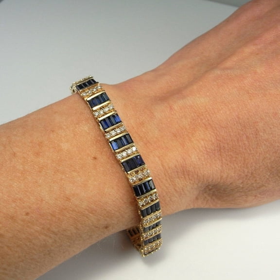 Bluebelljewels Baguette Cut Blue Sapphire 14K Yellow Gold Finish Unisex Tennis Bracelet