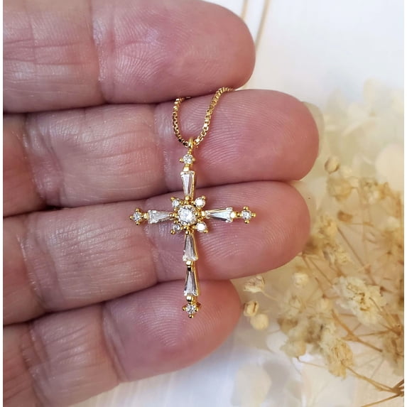 Bluebelljewels Baguette & Round Cut Cubic Zirconia 14K Yellow Gold Finish Cross Pendant Necklace