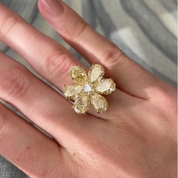Bluebelljewels Beautiful Yellow Cubic Zirconia Flower Ring, 14k Yellow Gold Finish Silver Wedding Ring, Cocktail Engagement Ring