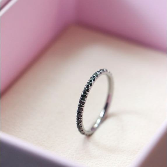 Bluebelljewels Black Diamond Wedding band, Eternity Band, 14K White Gold Plated Diamond Ring, 2 mm Thin Diamond Wedding Band, Black Diamond Stacking Band Ring