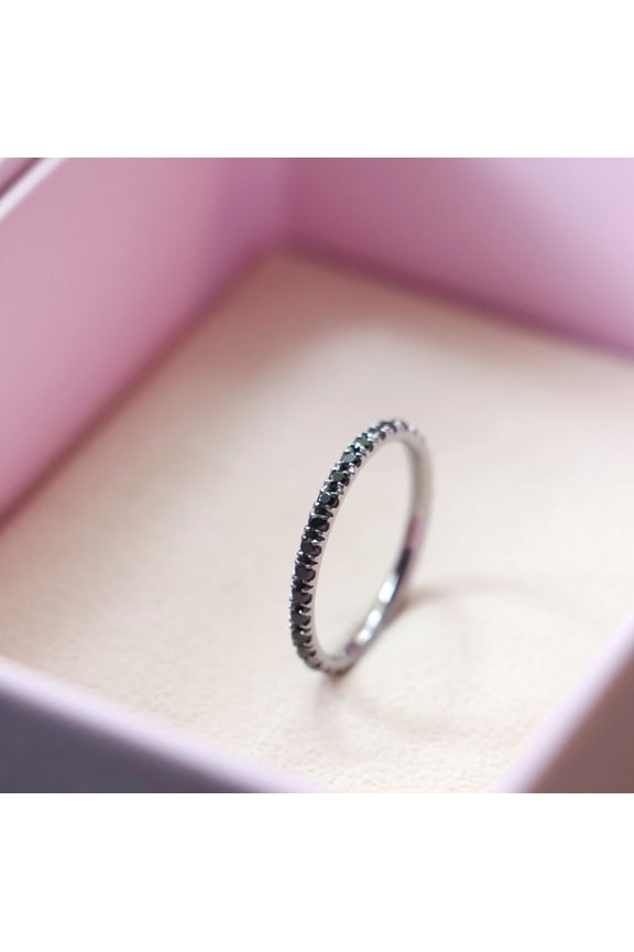 Bluebelljewels Black Diamond Wedding band, Eternity Band, 14K White Gold Plated Diamond Ring, 2 mm Thin Diamond Wedding Band, Black Diamond Stacking Band Ring