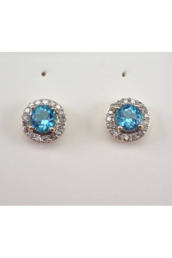Bluebelljewels Blue Topaz and Diamond Halo Earrings - Yellow Gold Plated Gemstone Studs - December Birthstone Jewelry Gift