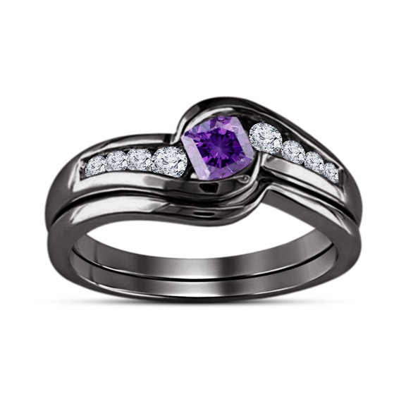 Bluebelljewels Cushion Cut Purple Cubic Zirconia 14K Black Gold Finish Engagement Ring Set