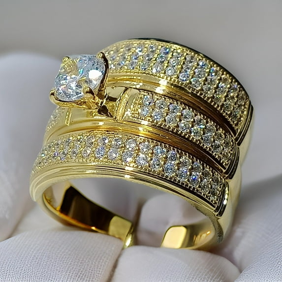 Bluebelljewels Engagement Ring Trio Set, 14K Yellow Gold Plated CZ Bridal Ring set, Wedding Band, Anniversary Gift for Her