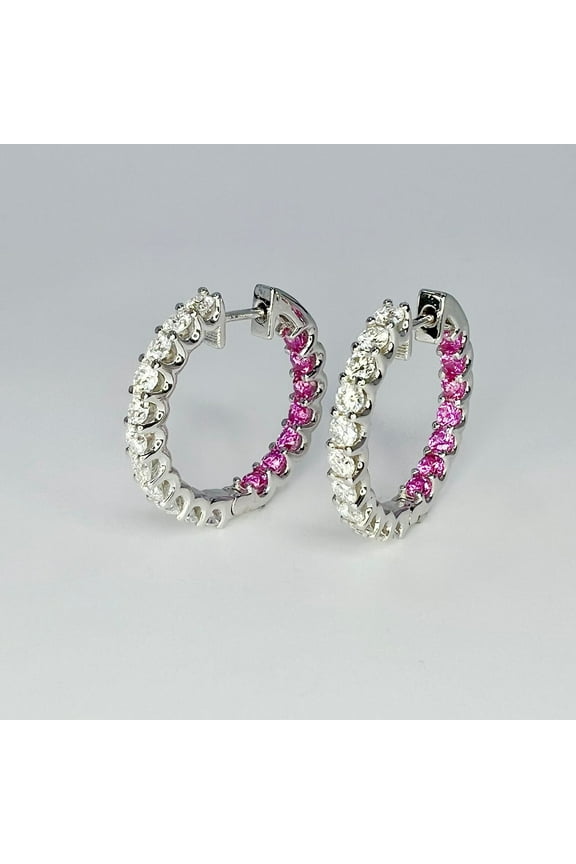 Bluebelljewels Diamond and Pink Sapphire Hoop Earrings 14K White Gold Plated, Inside Out Diamond Hoop Earrings, Everyday Earrings, Huggies Endless Hoops
