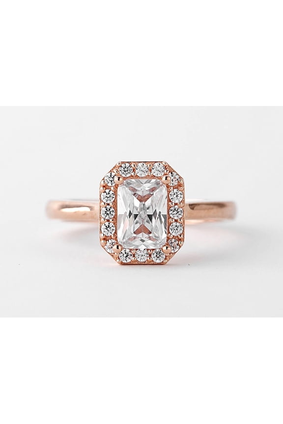 Bluebelljewels Emerald Cut Halo Engagement Ring 14K Rose Gold Plated Rectangle Diamond Solitaire Ring, Ladies Rings