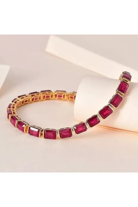 Bluebelljewels Emerald Cut Lab-Created Ruby Women's Tennis Bracelet 14k Yellow Gold Plated