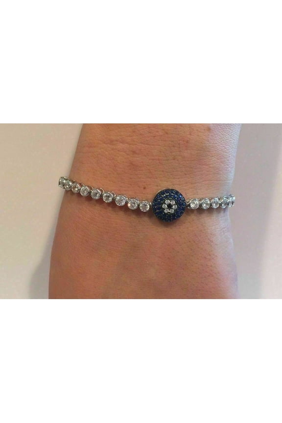 Bluebelljewels Evil Eye Tennis Bracelet Lab Created Blue Sapphire 7.5'' 14K White Gold Finish
