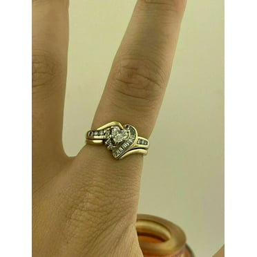 Bluebelljewels Heart Shape Diamond Bridal Ring Set 14K Yellow Gold Finish Silver
