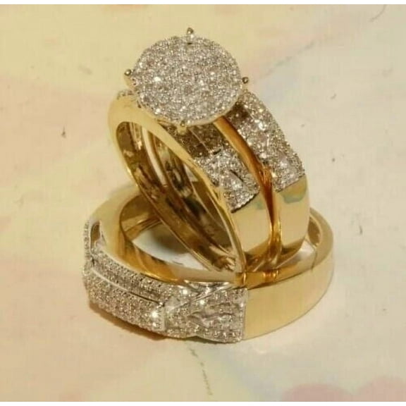 Bluebelljewels His & Her 14k Yellow Gold Plated White CZ Ring Trio Set , Couple Engagement Ring Set