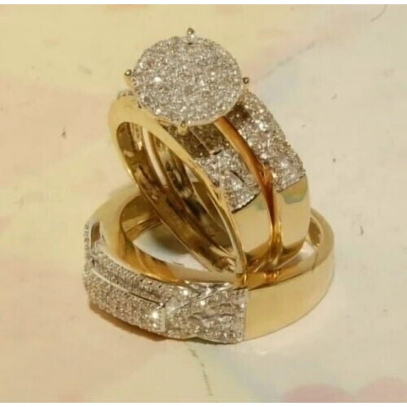Bluebelljewels His & Her 14k Yellow Gold Plated White CZ Ring Trio Set , Couple Engagement Ring Set
