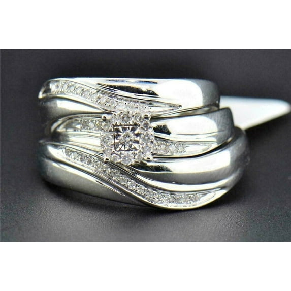 Bluebelljewels His Her Trio Ring Set Engagement Wedding CZ 14K White Gold Plated