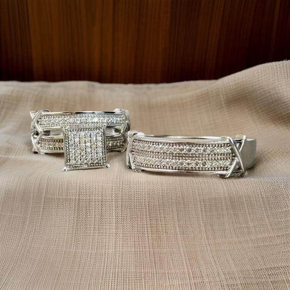 Bluebelljewels His and Her Wedding Trio Ring Set, CZ Silver Engagement Anniversary Trio Ring Set, Couple Ring, Bridal Ring Set