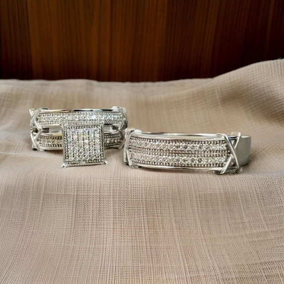 Bluebelljewels His and Her Wedding Trio Ring Set, Diamond Silver Engagement Anniversary Trio Ring Set, Couple Ring, Bridal Ring Set