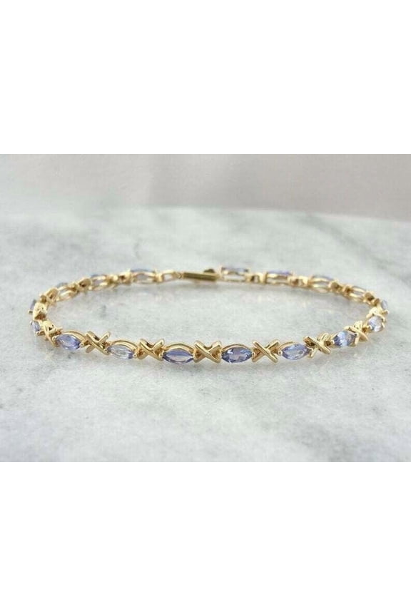 Bluebelljewels Marquise Lab-Created Tanzanite Vintage Tennis Bracelet 14k Yellow Gold Finish