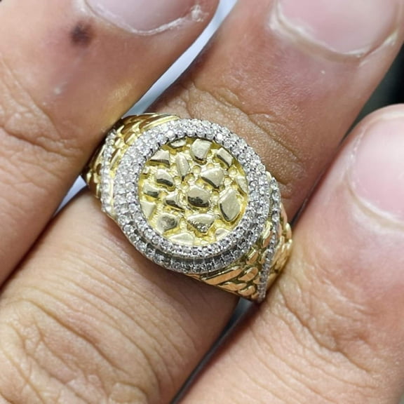 Bluebelljewels Men's Round Cut Cubic Zirconia Nugget Ring 14K Yellow Gold Finish