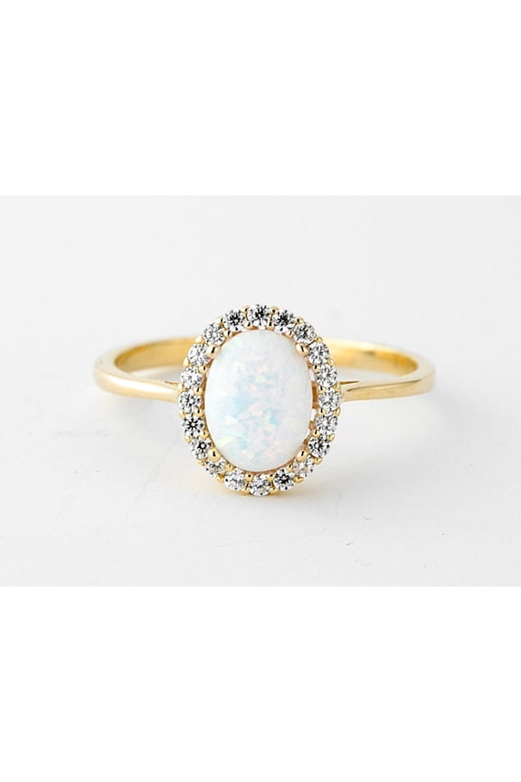 Bluebelljewels Opal and Diamond Ring 14K Yellow Gold Plated, Fire Opal Ring, Oval, Rectangle, Ladies Cocktail Ring