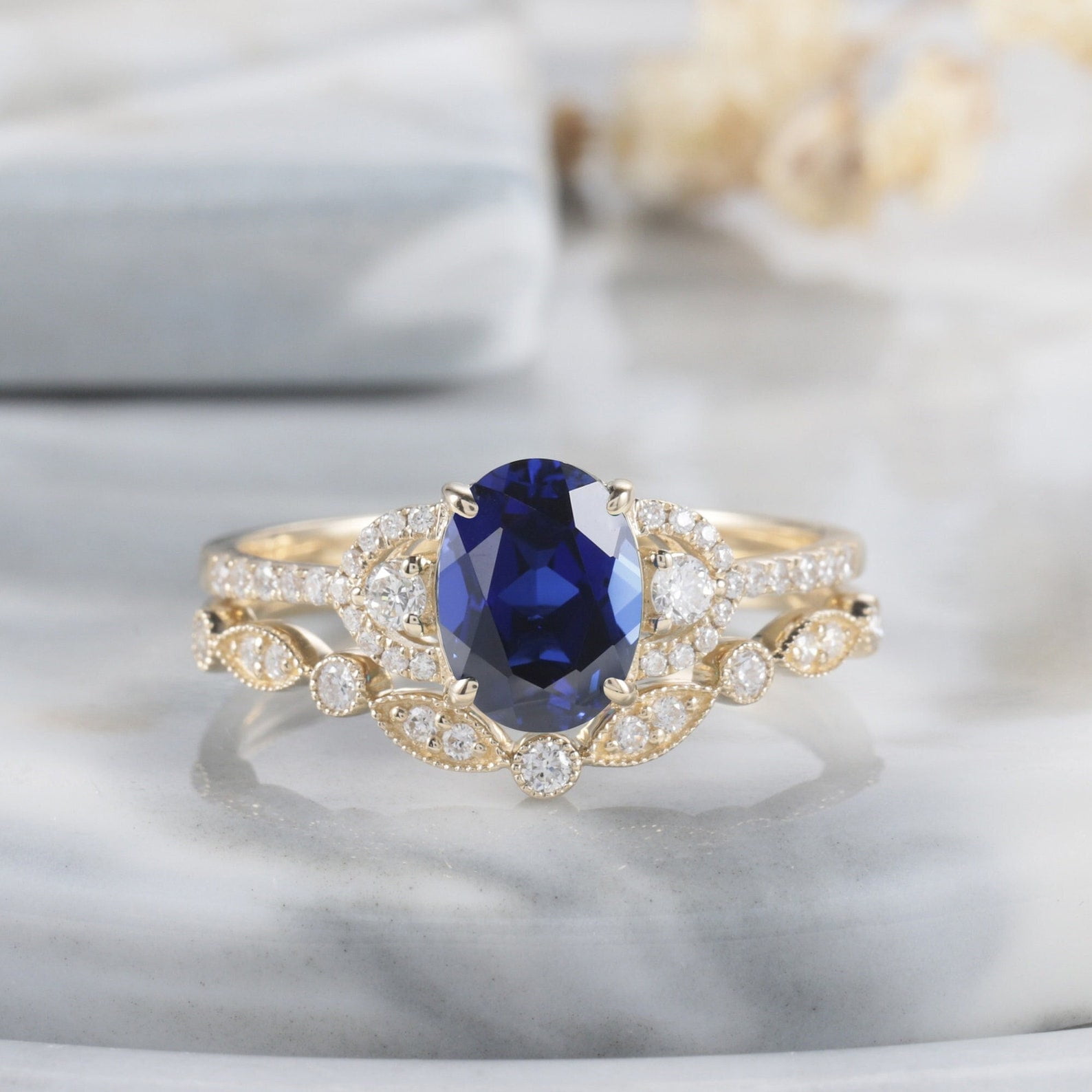 Bluebelljewels Oval Cut Blue Cubic Zirconia 14K Yellow Gold Finish ...